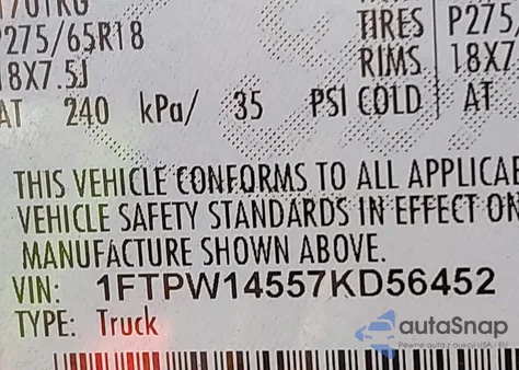 2007 Ford F-150 Fx4/Lariat/Xlt from USA, damaged, VIN 1FTPW14557KD56452